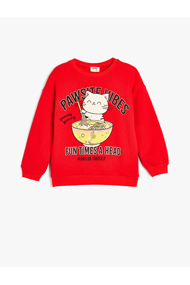 Sweatshirt Crew Neck Cat Printed