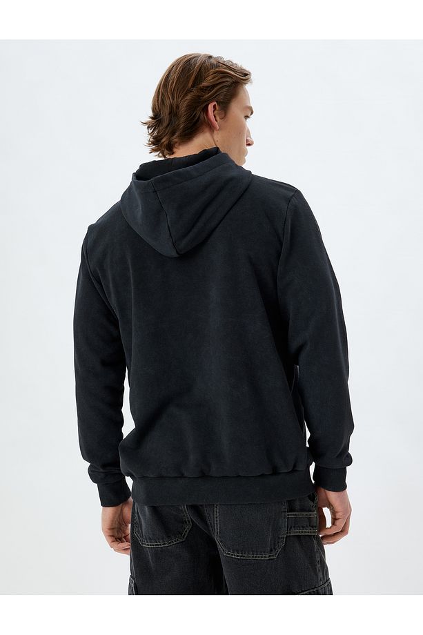 Kapşonlu Sweatshirt Slogan Işlemeli Basic Yıkamalı Pamuk Karışımlı - 4