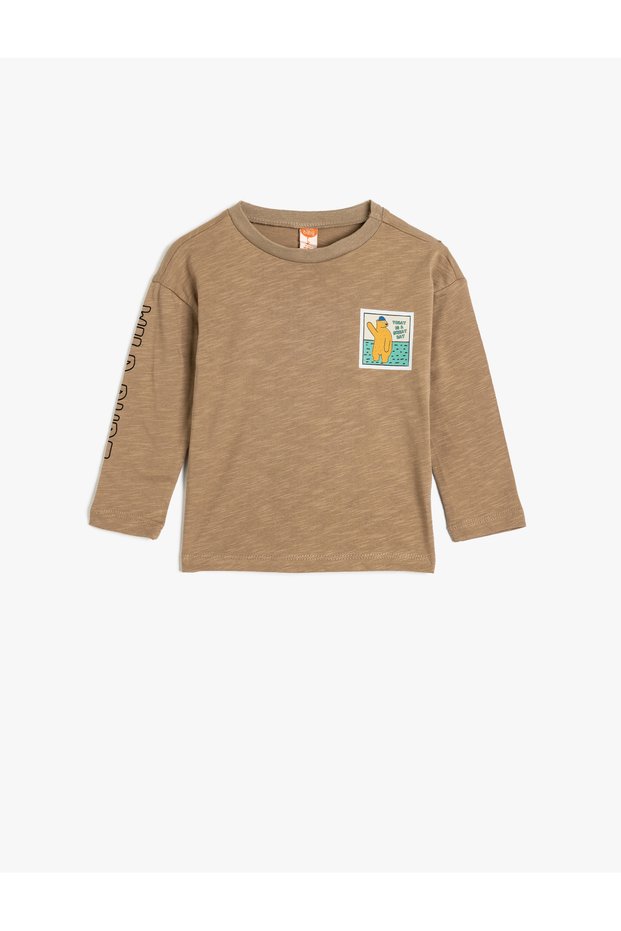 T-Shirt Long Sleeve Crew Neck Teddy Bear Print Detailed Cotton