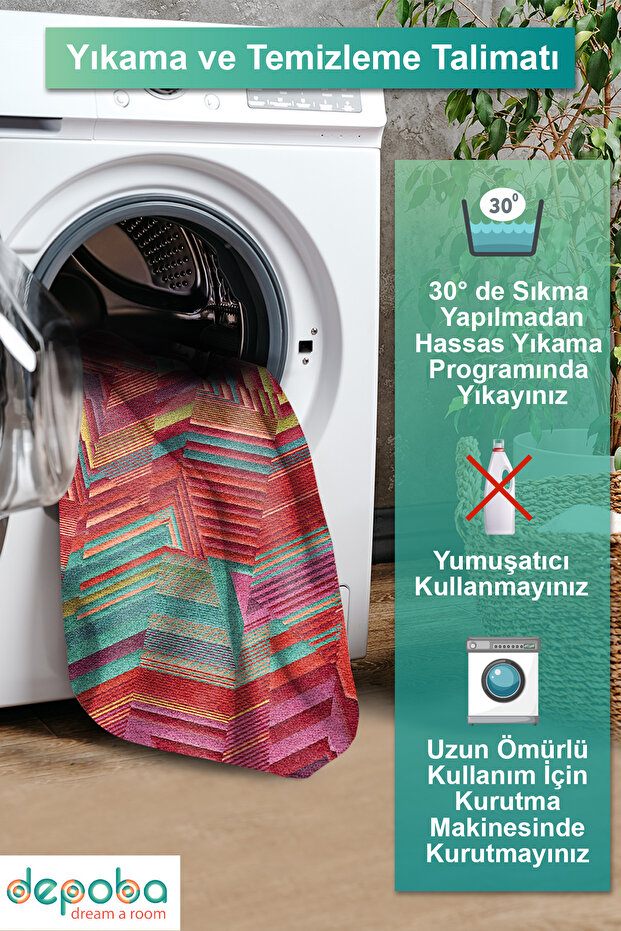 Aubrees Dekoratif Özel Tasarım Pamuk Taban Kaydırmaz Yıkanabilen Kadife Salon Halısı - 8