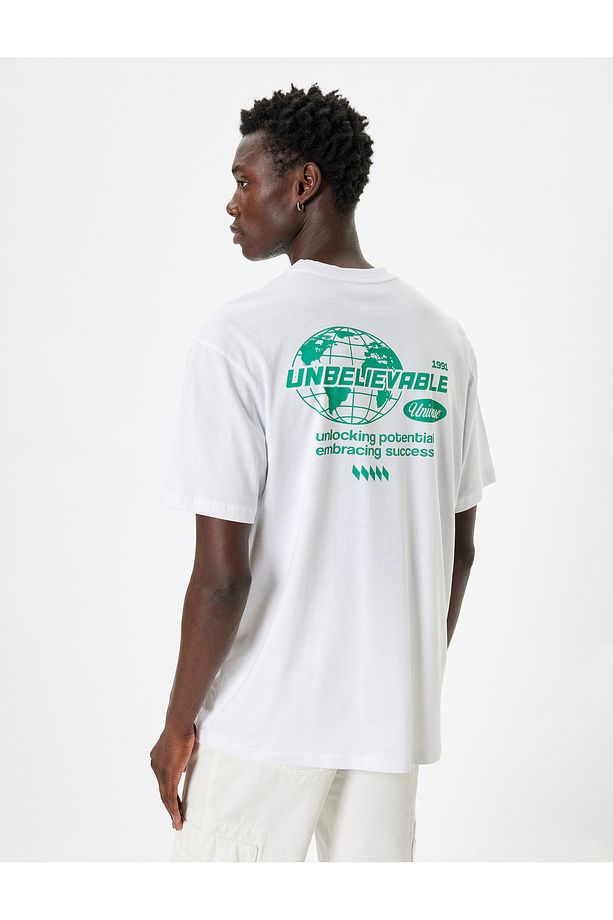 Slogan Baskılı Pamuklu Bisiklet Yaka Oversize Tişört - 4