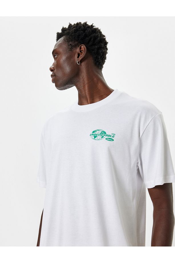 Slogan Baskılı Pamuklu Bisiklet Yaka Oversize Tişört - 1