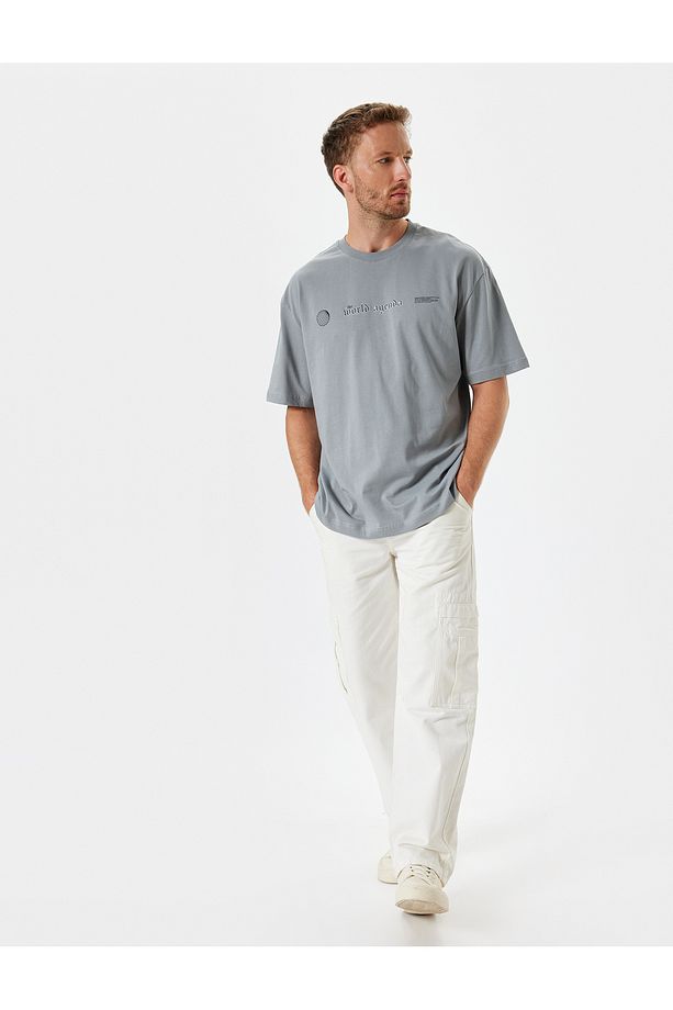 Slogan Baskılı Bisiklet Yaka Pamuklu Oversize Tişört - 2