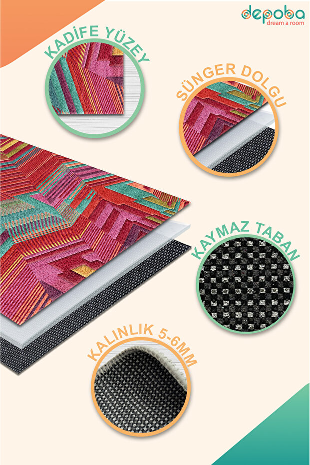 Aubrees Dekoratif Özel Tasarım Pamuk Taban Kaydırmaz Yıkanabilen Kadife Salon Halısı - 6