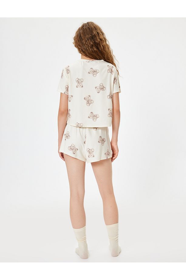Ayıcıklı Kısa Kollu Örme Şortlu Pijama Takımı - 4