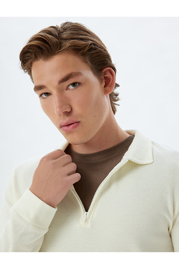 Polo Collar Sweatshirt with Half Zipper Detail, Long Sleeve, Cotton