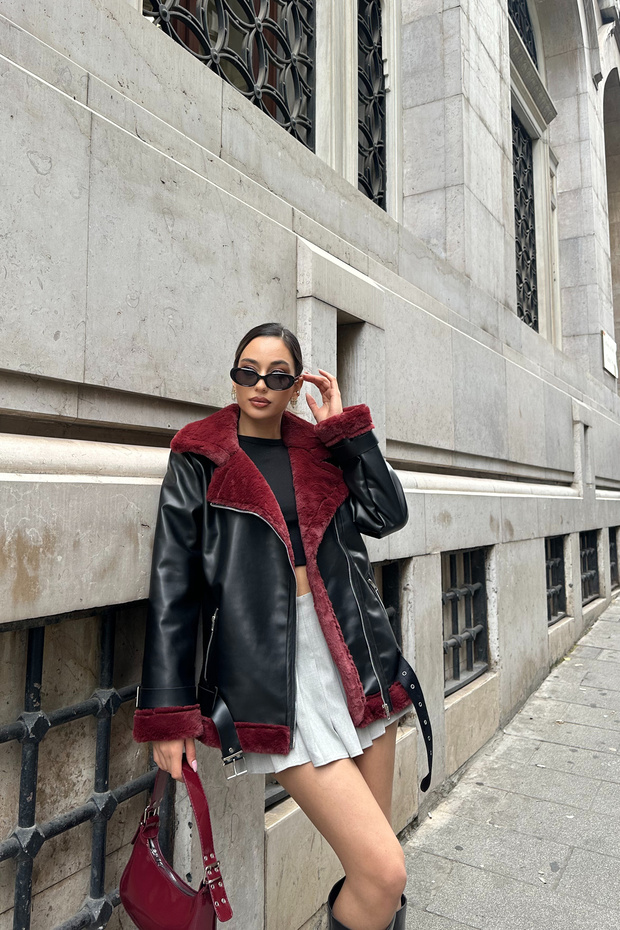 Premium Leather Toscana Laminated Belted Jacket Luxury Women's Coat with Inner Lining Detail