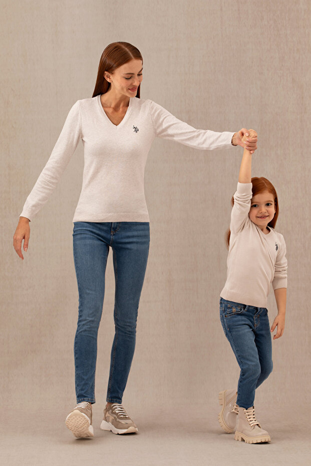 Women's Stone Melange V-Neck Basic Sweater 50276570 -Vr225