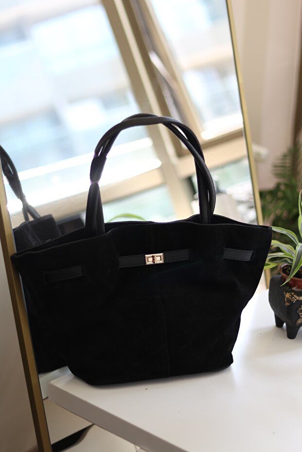 Women's Black Suede Large Size Shoulder Bag with Gold Buckle Detail