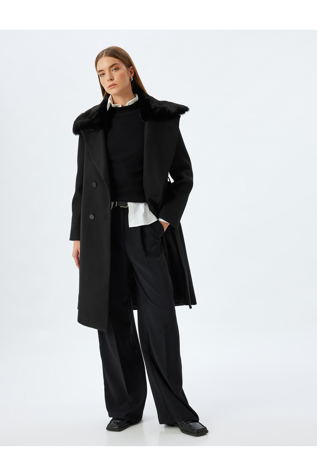 Faux Fur Collar Long Double Breasted Stamp Coat with Belt and Buttoned Pocket