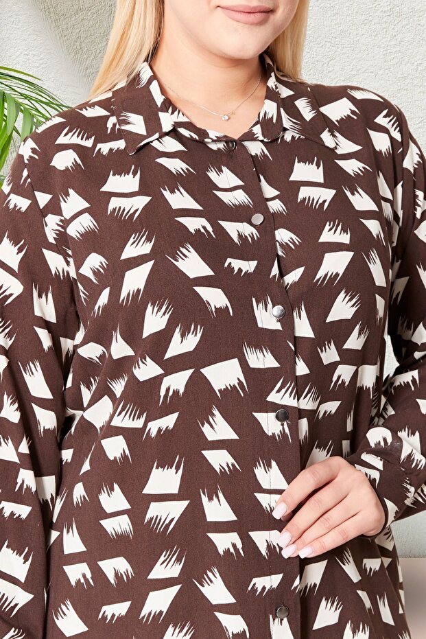 Plus Size Brush Patterned Hijab Shirt Tunic - 3