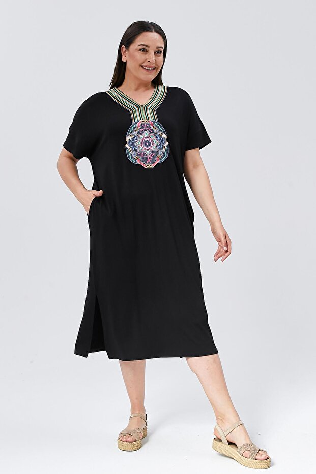 Rochie de damă, lungă, neagră, brodate de mărimi plus - 2