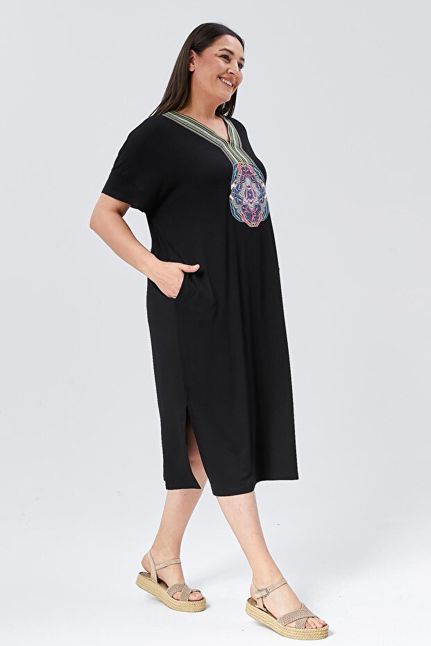 Rochie de damă, lungă, neagră, brodate de mărimi plus - 6