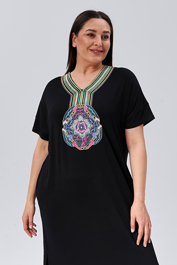 Rochie de damă, lungă, neagră, brodate de mărimi plus - 8