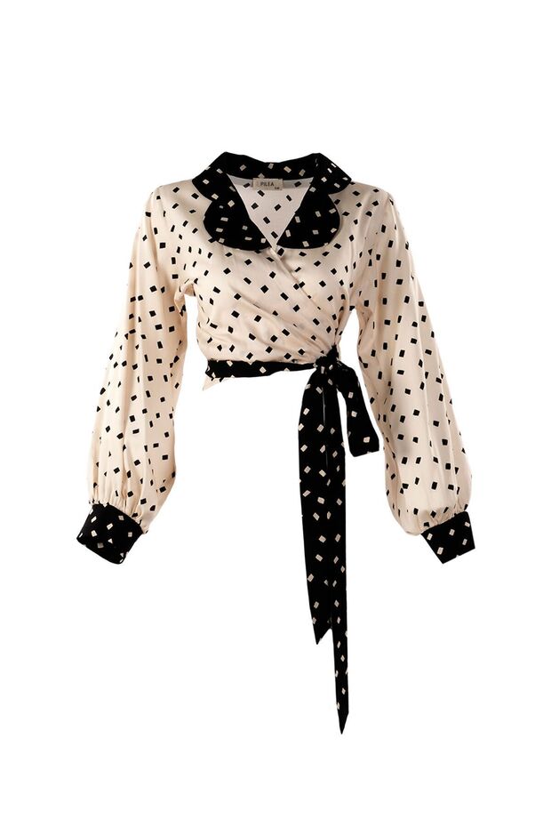 Double Collar Detailed Wrap Front Tie Cotton Fabric Mini Shirt - My -
