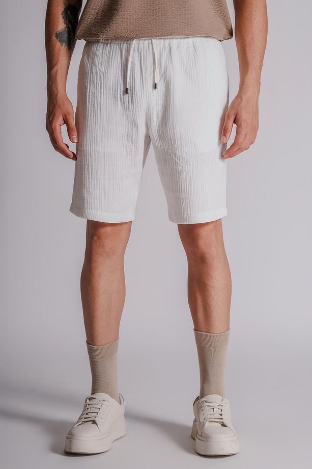 Erkek Yandan Cepli Beli Lastikli  Dokulu Kumaş Relaxed Fit Jogger Şort Ekru - 6