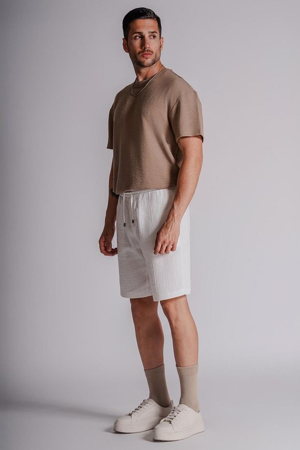 Erkek Yandan Cepli Beli Lastikli  Dokulu Kumaş Relaxed Fit Jogger Şort Ekru - 1