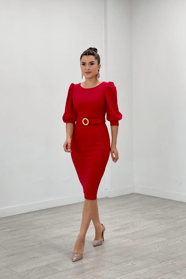 Crepe Fabric Sleeves Balloon Detailed Pencil Dress - Red