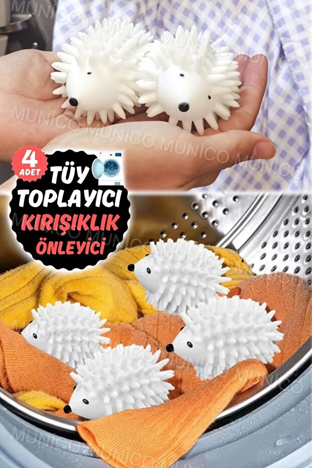 4 Adet Kirpi Kurutma Topu - Çamaşır Makinesi İçin Tüy ve Toz Toplama Aparatı Yeniden Kullanılabilir - 3