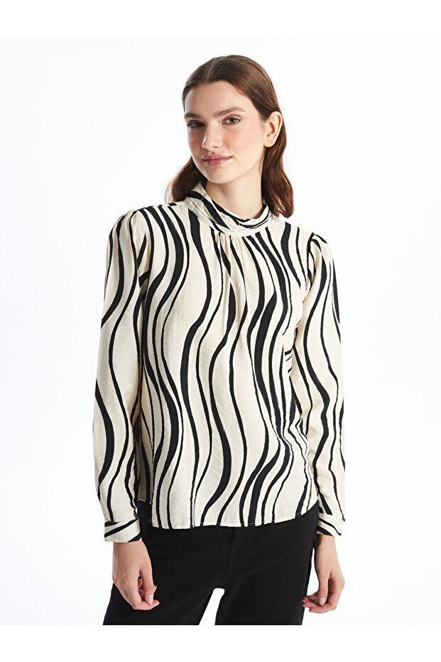 Stand Collar Patterned Oversize Women's Blouse