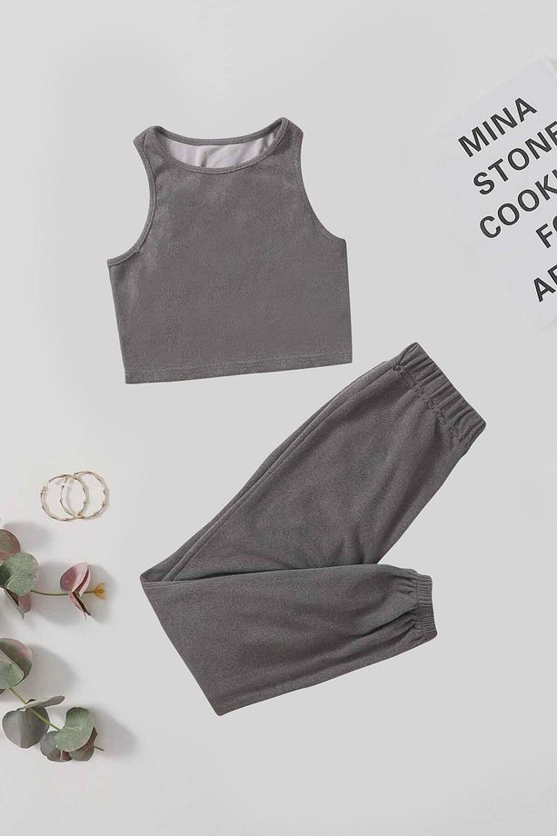 Tek Renk 1 Takım Kolsuz Polarlı Alt Üst Pijama Takımı - 1
