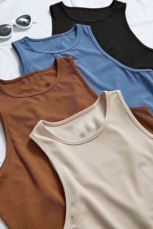 Tek Renk 1 Adet Kadın Kolsuz Örme Kumaş Bluz Crop - 7