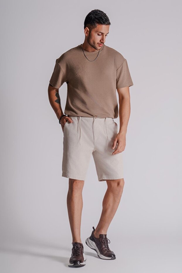Men's Side Pockets Elastic Waist Linen Blend Relaxed Fit Chino Shorts Beige