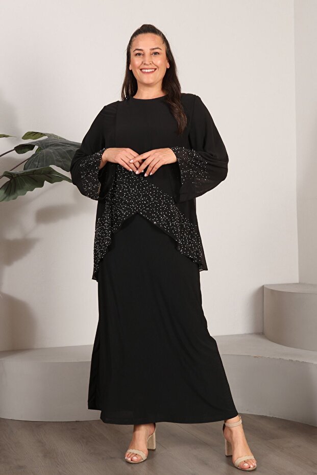Women's Large Size Long Hijab Siphon Rhinestone Evening Dress Black