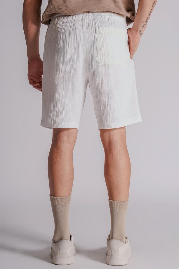 Erkek Yandan Cepli Beli Lastikli  Dokulu Kumaş Relaxed Fit Jogger Şort Ekru - 5
