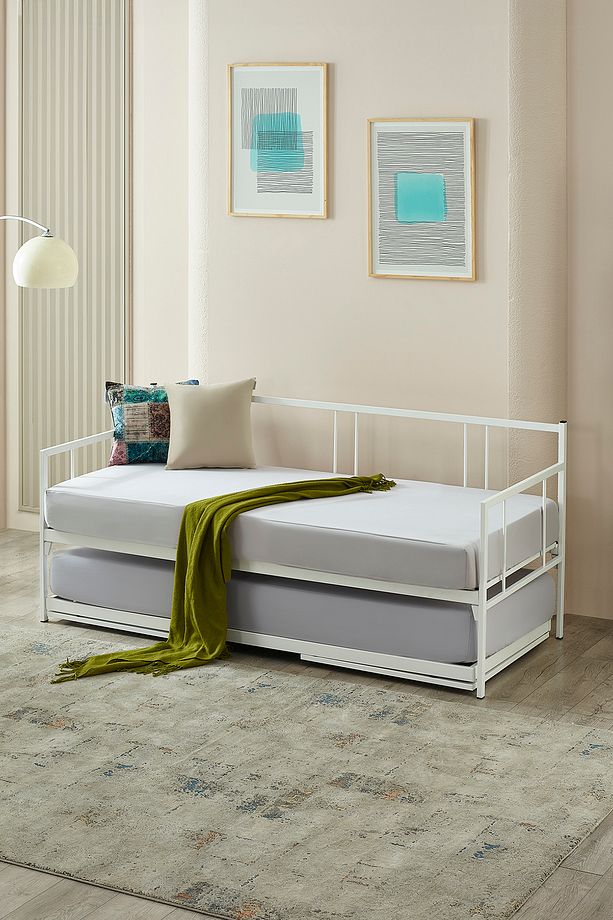 Veluna Yavrulu Daybed Tek-Çift Kişilik Sedir Metal Karyola Beyaz - 1