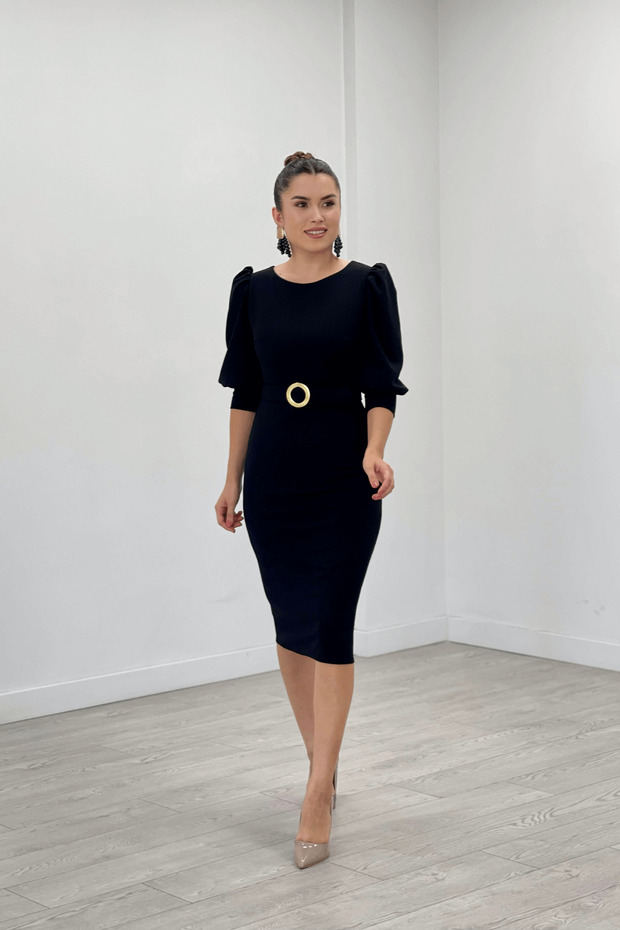 Crepe Fabric Sleeves Balloon Detailed Pencil Dress - Black