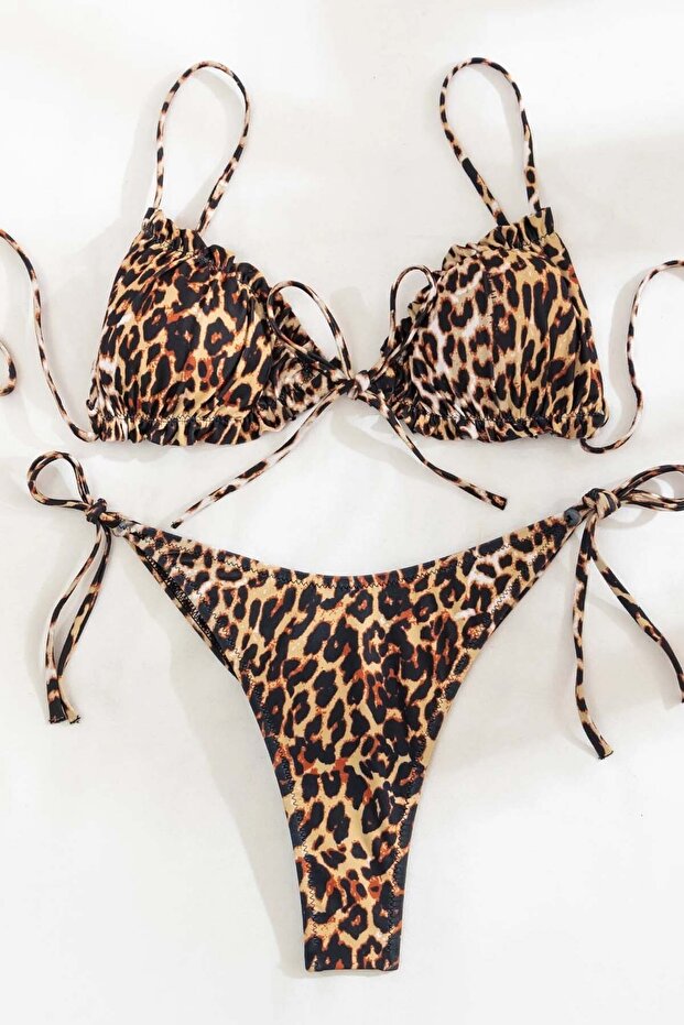 Leopard Patterned Tied String Bikini Top - 4