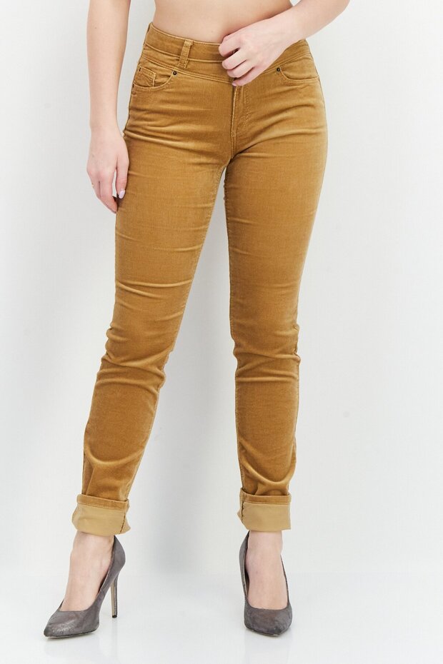 Women Slim Fit Leg Ribbed Pants 32 Length, Mustard