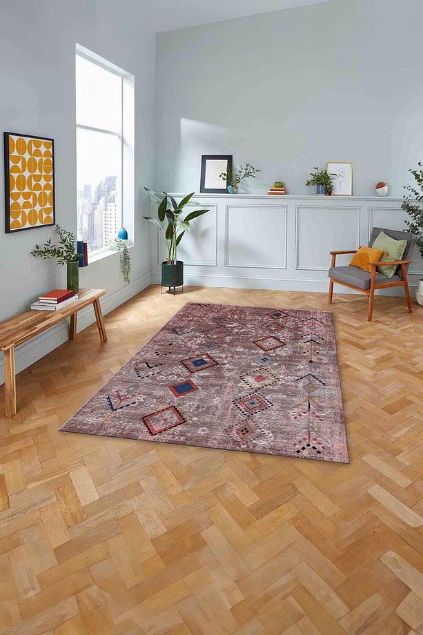 Dijital Baskılı İskandinav Etnik Model Yıkanabilir Yolluk Mutfak Salon Halısı, İSKANDİNAV-36-BORDO, - 2