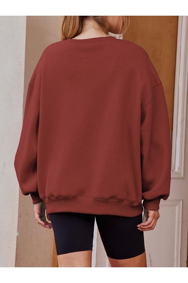 Kadın Oversize Kalın Şardonlu Yumuşak Bisiklet Yaka Sweatshirt Gül Kurusu - 5