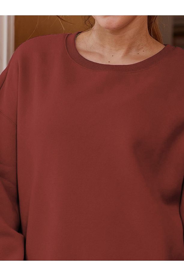 Kadın Oversize Kalın Şardonlu Yumuşak Bisiklet Yaka Sweatshirt Gül Kurusu - 4