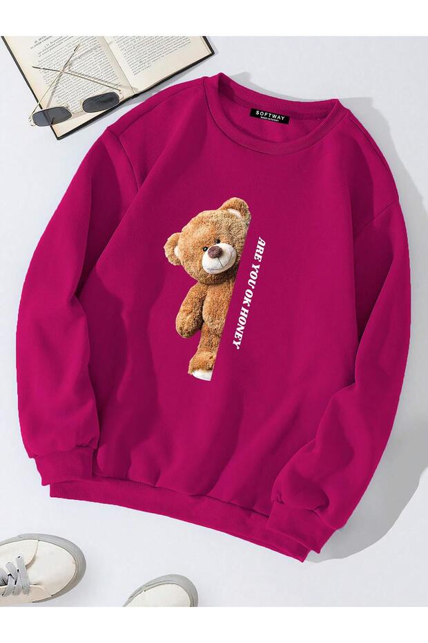 Unisex Oversize Are You Ok Honey Printed Basic Sweatshirt – Fuchsia