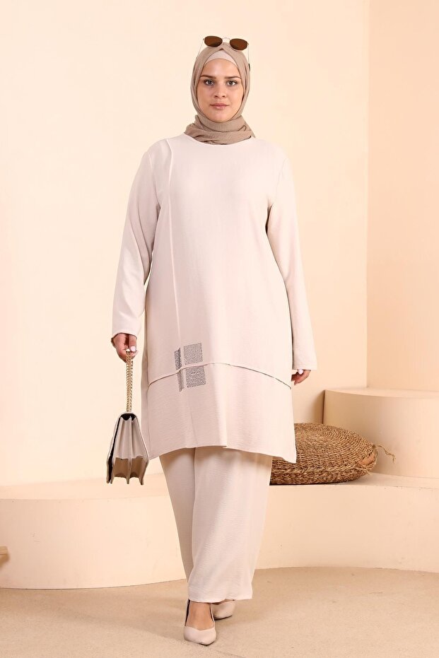 Women's Islamic Clothing Large Size Islamic Double Set Ayrobin Pants Tunic Set Stone