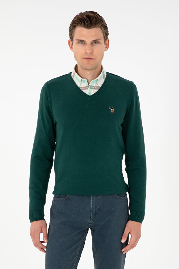 Men's Slim Fit V-Neck Green Basic Sweater 50288885-Vr054