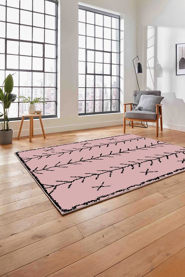 Baskılı İskandinav Desen Etnik Görünüm Yıkanabilir Yolluk Mutfak Salon Halısı, İSKANDİNAV-33-PEMBE, - 4