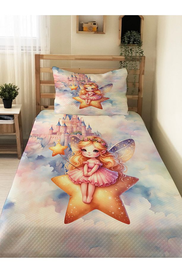 Prenses Ve Yıldız Desen  Bebek Ve Çocuk Baskılı Tek Kişilik Pike Takımı 160x230 - 1