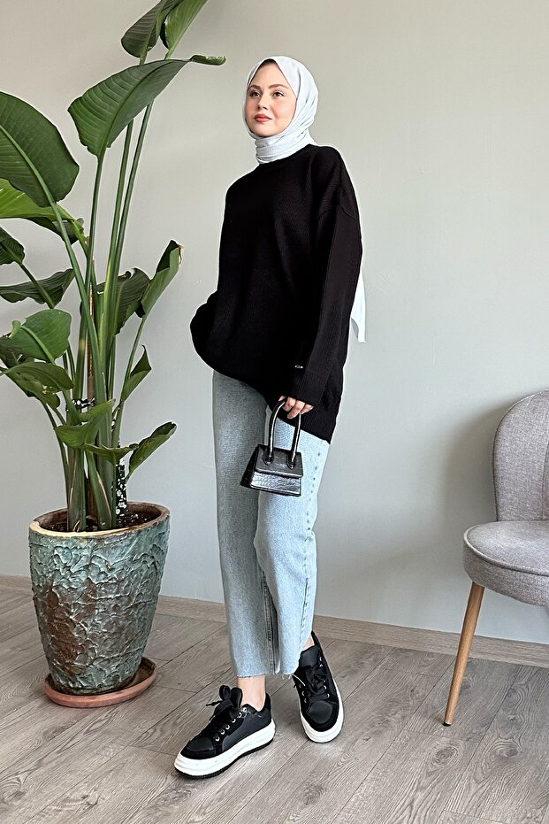 Fitilli Basic Siyah Triko Kazak - 4