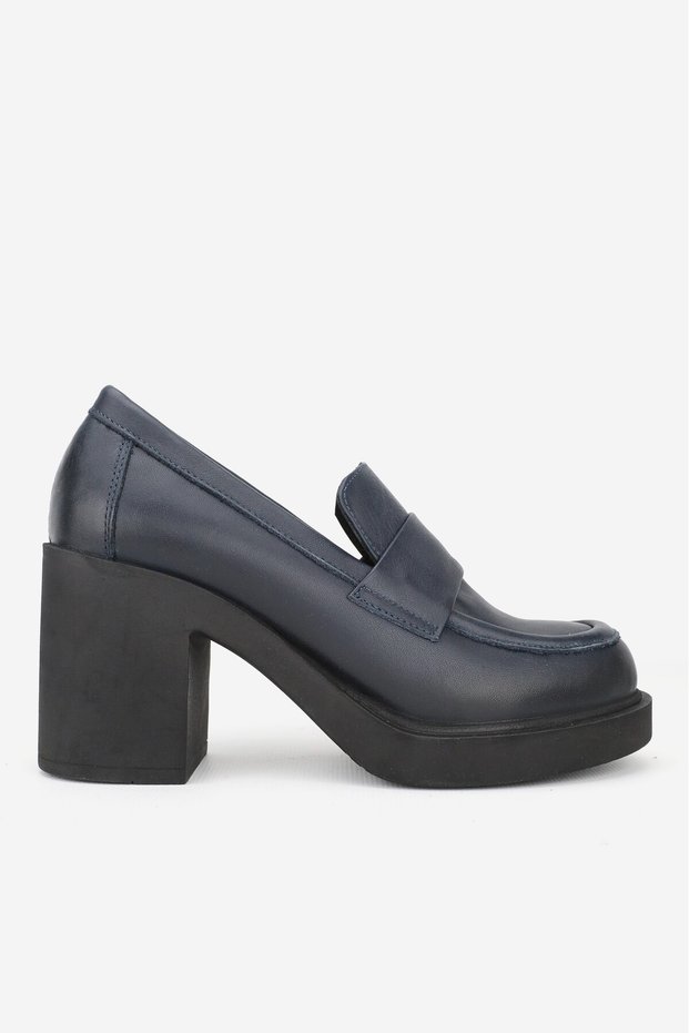 Women's Navy Blue Genuine Natural Leather Heeled Loafer Shoes, Number 36-41