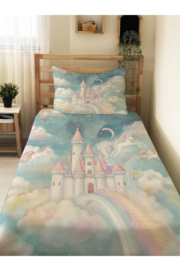 Şato ve Gökkuşağı Desen  Bebek Ve Çocuk Baskılı Tek Kişilik Pike Takımı 160x230 - 1
