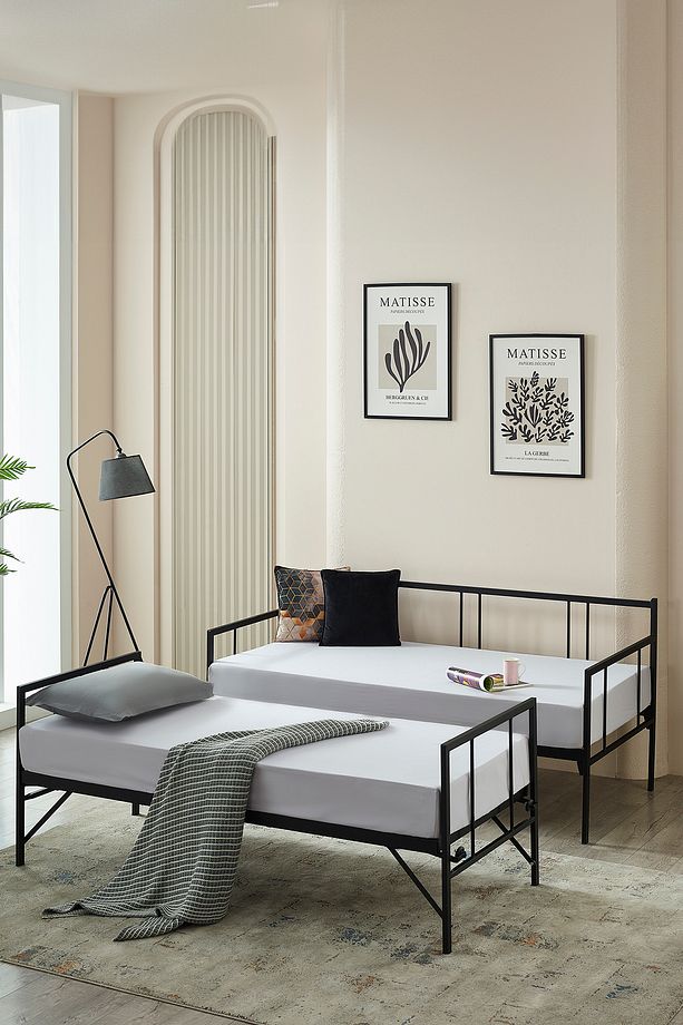 Veluna Yavrulu Daybed Tek-Çift Kişilik Sedir Metal Karyola Siyah - 4