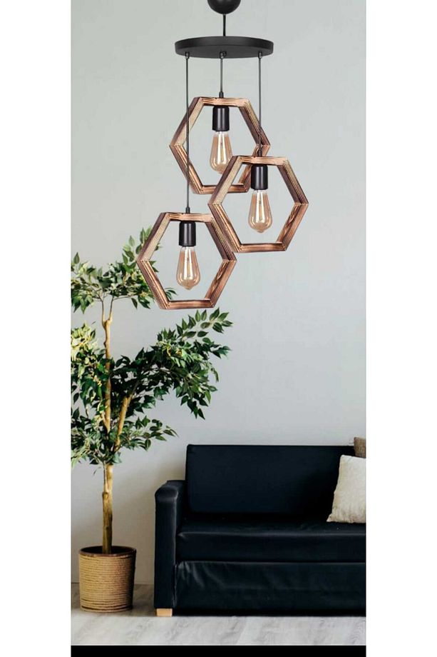 Kahverengi Ahşap Altıgen Petek 3lü Hexagon Avize - 1