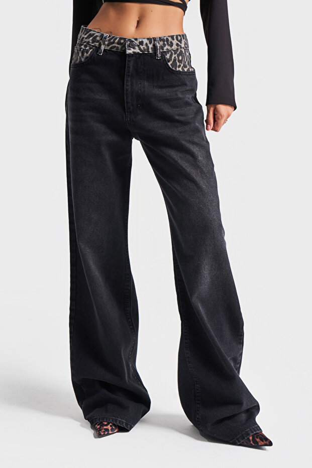 Női sötét füstölt színű 2w41 Midrise Wideleg leopárdmintás farmer - 1