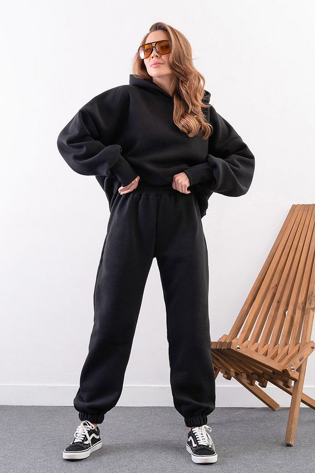 Kadın Yüksek Bel 3 İplik Kalın Şardonlu Oversize Fit Jogger Eşofman Takımı - 1