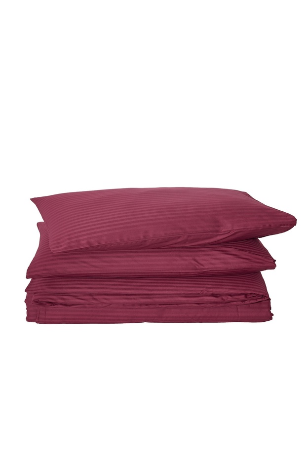 Oversized Striped Cotton Satin Duvet Cover Set / Burgundy