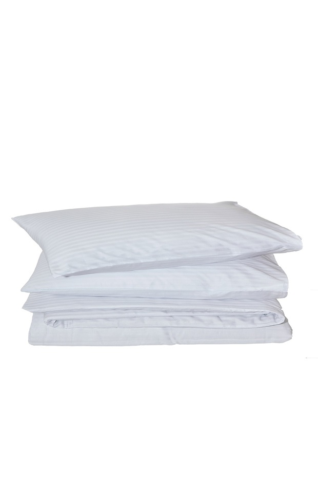 King Size Striped Cotton Satin Duvet Cover Set / White